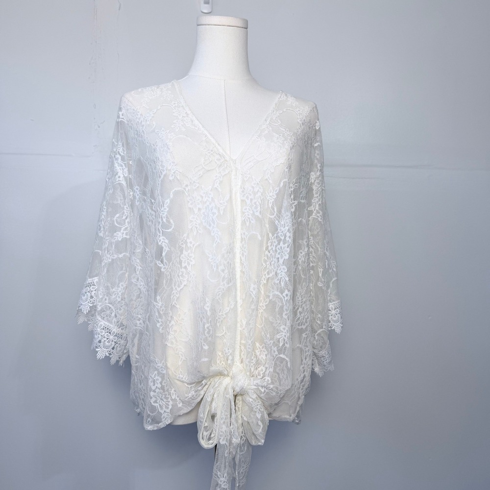 Feminine Cottagecore White Floral Lace Tie Front Tunic Top Plus Size 1X